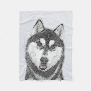 Sibirischer Husky (Schwarz und Weiß) Malerei Hunde Fleecedecke