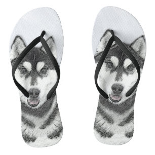 Sibirischer Husky (Schwarz und Weiß) Malerei Hunde Flip Flops