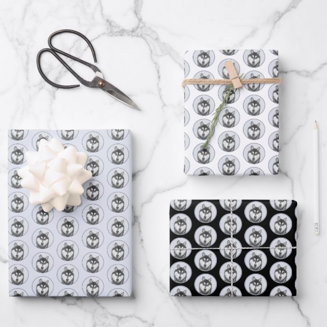 Sibirischer Husky (Schwarz und Weiß) Malerei Hunde Geschenkpapier Set (Vorderseite)