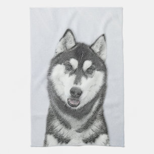 Sibirischer Husky (Schwarz und Weiß) Malerei Hunde Geschirrtuch