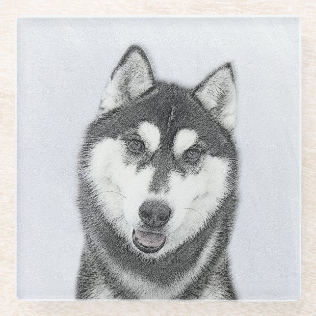 Sibirischer Husky (Schwarz und Weiß) Malerei Hunde Glasuntersetzer (Vorderseite)