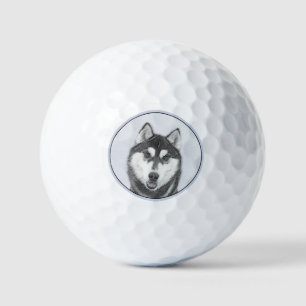 Sibirischer Husky (Schwarz und Weiß) Malerei Hunde Golfball