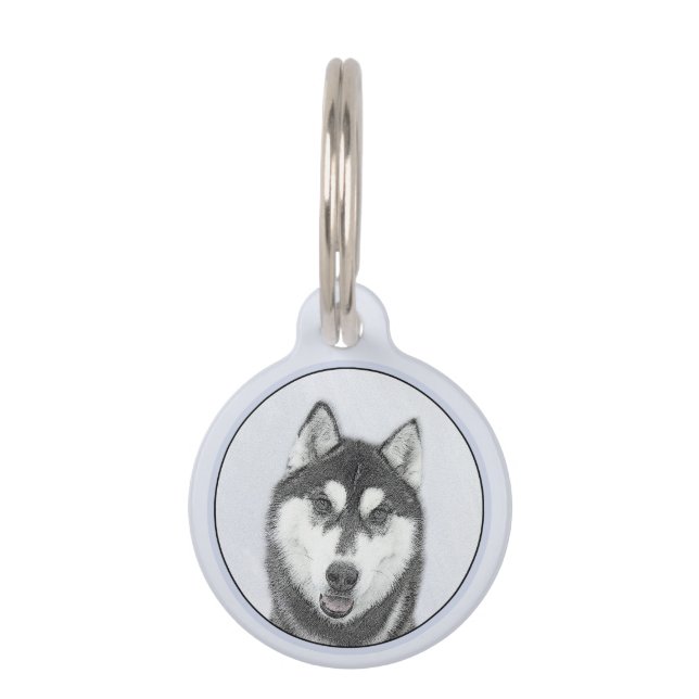 Sibirischer Husky (Schwarz und Weiß) Malerei Hunde Haustiermarke (Vorderseite)