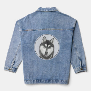 Sibirischer Husky (Schwarz und Weiß) Malerei Hunde Jeansjacke