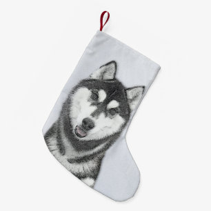 Sibirischer Husky (Schwarz und Weiß) Malerei Hunde Kleiner Weihnachtsstrumpf
