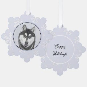 Sibirischer Husky (Schwarz und Weiß) Malerei Hunde Ornament Karte