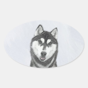 Sibirischer Husky (Schwarz und Weiß) Malerei Hunde Ovaler Aufkleber