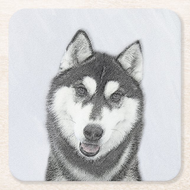 Sibirischer Husky (Schwarz und Weiß) Malerei Hunde Rechteckiger Pappuntersetzer (Vorderseite)