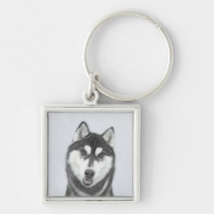 Sibirischer Husky (Schwarz und Weiß) Malerei Hunde Schlüsselanhänger