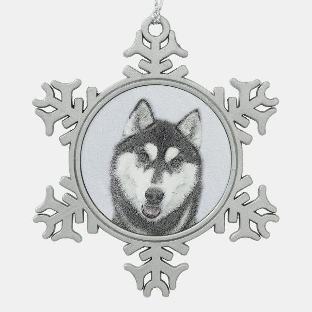 Sibirischer Husky (Schwarz und Weiß) Malerei Hunde Schneeflocken Zinn-Ornament (Vorderseite)
