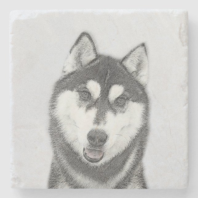 Sibirischer Husky (Schwarz und Weiß) Malerei Hunde Steinuntersetzer (Vorderseite)
