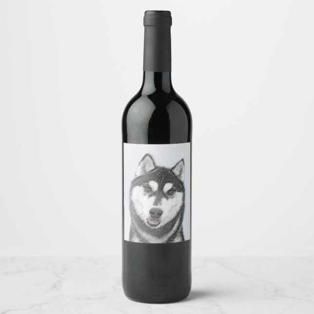 Sibirischer Husky (Schwarz und Weiß) Malerei Hunde Weinetikett (Vorderseite)