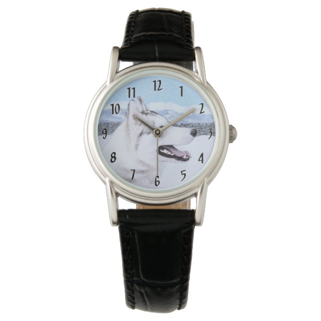 Sibirischer Husky (Silber und Weiß) Malerei Armbanduhr (Vorderseite)