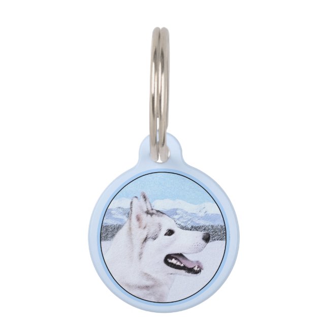 Sibirischer Husky (Silber und Weiß) Malerei Haustiermarke (Vorderseite)