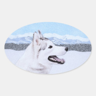 Sibirischer Husky (Silber und Weiß) Malerei Ovaler Aufkleber