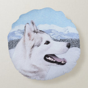 Sibirischer Husky (Silber und Weiß) Malerei Rundes Kissen