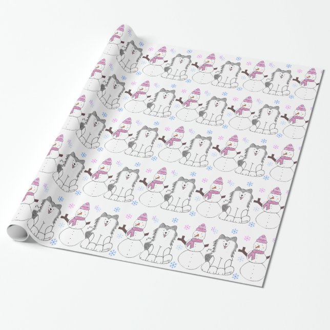 Sibirischer Husky und Schneemann Geschenkpapier (Ungerollt)