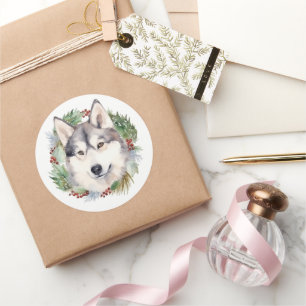 Sibirischer Husky-Weihnachtskranz Festlicher Hund Runder Aufkleber