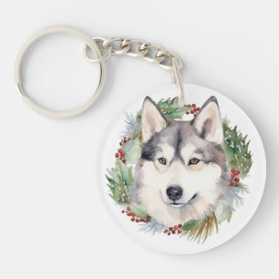 Sibirischer Husky-Weihnachtskranz Festlicher Hund Schlüsselanhänger