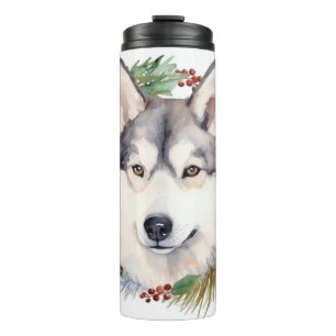Sibirischer Husky-Weihnachtskranz Festlicher Hund Thermosbecher