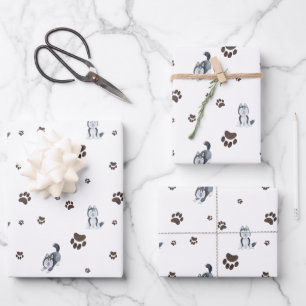 Sibirischer Husky-Welpe Hund Haustier Pfotenabdrüc Geschenkpapier Set
