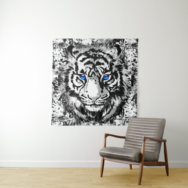 Sibirischer White Tiger Head - Tiger Blue Eyes Tap Wandteppich (Beispiel)