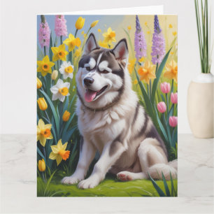 Sibirisches Husky-Hund-Frühlingsblumenmalerei Karte