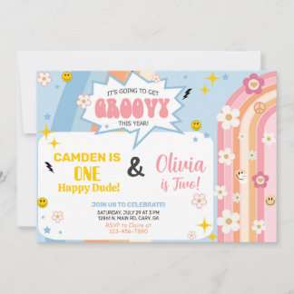 Siblings GROOVY boy and girl birthday invitation. Einladung