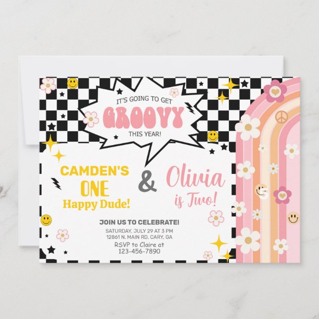 Siblings GROOVY boy and girl birthday invitation. Einladung (Vorderseite)