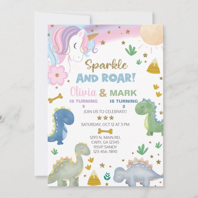 Siblings unicorn and dinosaur birthday invite. einladung (Vorderseite)