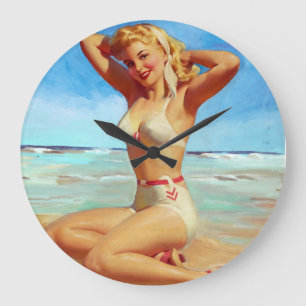 Sich auf dem Strand Pin Up sonnen Große Wanduhr