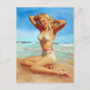 Sich auf dem Strand sonnen Pin Up Postkarte