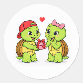 Sich liebende Schildkröten beim Geschenkeaustausch Runder Aufkleber