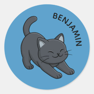 Sich streckende schwarze Katze auf blauem benutzer Runder Aufkleber