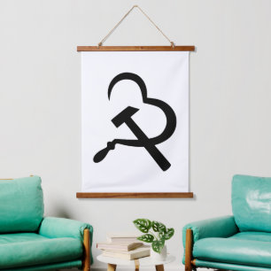 Sichel und Hammer, Herz, Liebe, Kommunismus Wandteppich Mit Holzrahmen