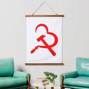 Sichel und Hammer, Herz, Liebe, Kommunismus Wandteppich Mit Holzrahmen
