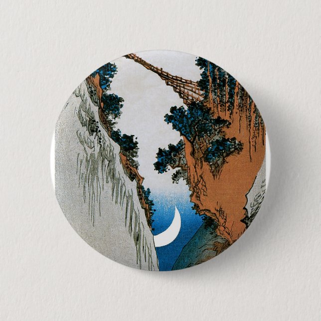 Sichelförmiger Mond, Brücke und Wasserfall. Japan Button (Vorderseite)