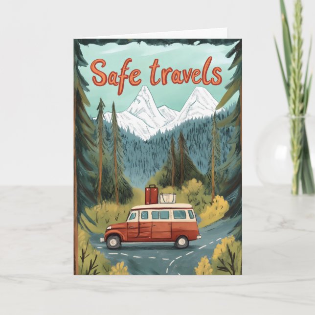 Sichere Reisen Retro Landschaftswagen Feiertagskarte (Vorderseite)