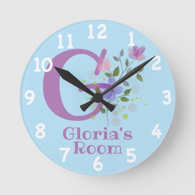 Sichern eines Blumendesigns mit Name & Initial Runde Wanduhr (Vorderseite)