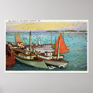 Sicht auf die Seegügel und Schiffe im Wharf Poster
