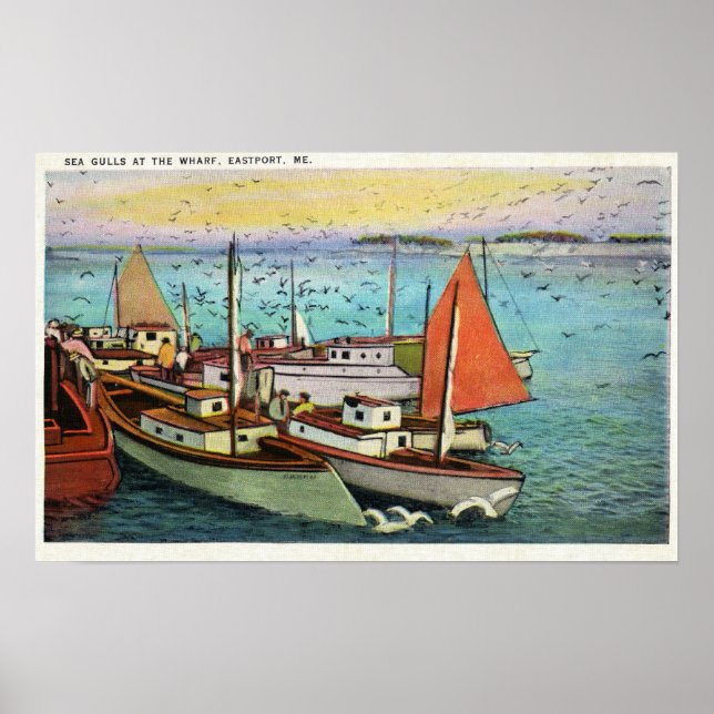 Sicht auf die Seegügel und Schiffe im Wharf Poster (Vorne)