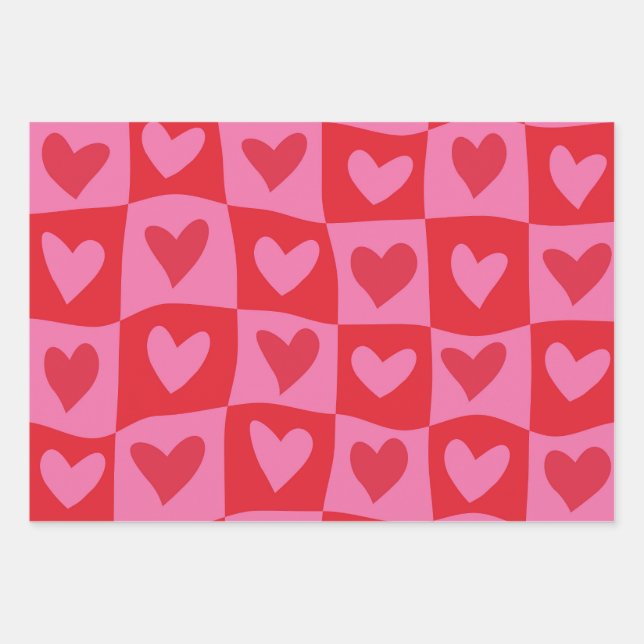Sichtbares Muster in rosa und rotem Herzen Geschenkpapier Set (Vorderseite)