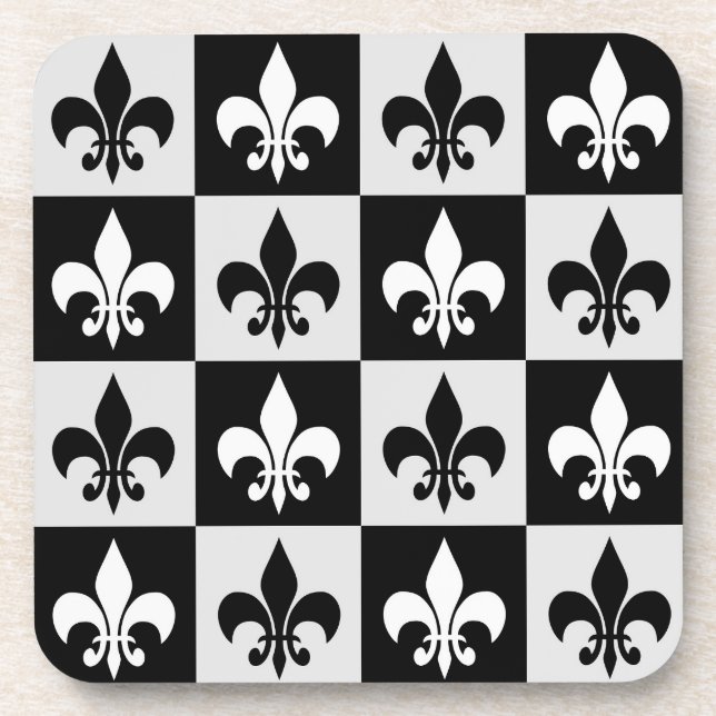 Sichtbares Schwarz-weißes Fleur-De-Lis-Muster Getränkeuntersetzer (Vorderseite)
