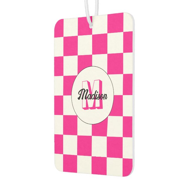 Sichtbares, weißes, rosa Retro-Monogramm Autolufterfrischer (Links)