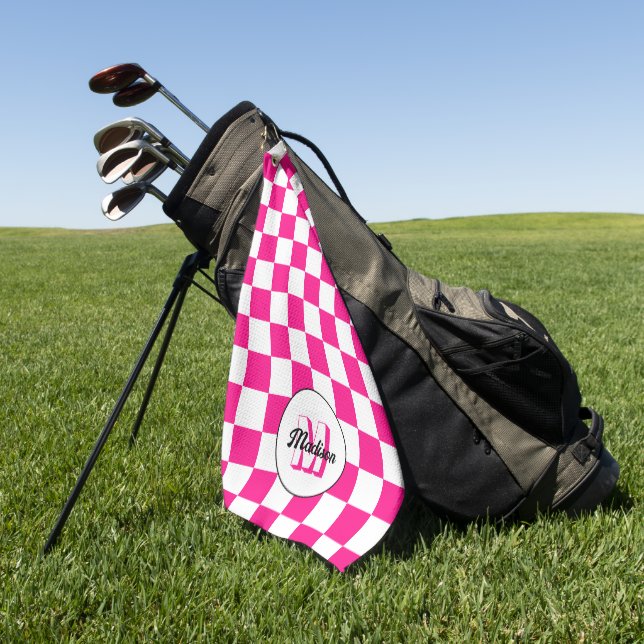 Sichtbares, weißes, rosa Retro-Monogramm Golfhandtuch (Gras)