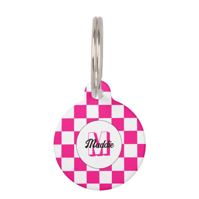 Sichtbares, weißes, rosa Retro-Monogramm Haustiermarke (Vorderseite)
