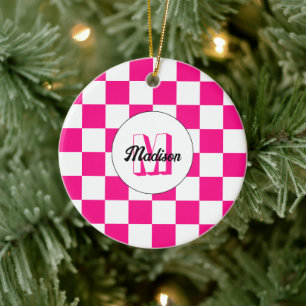 Sichtbares, weißes, rosa Retro-Monogramm Keramik Ornament