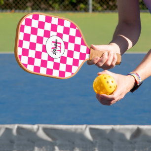 Sichtbares, weißes, rosa Retro-Monogramm Pickleball Schläger