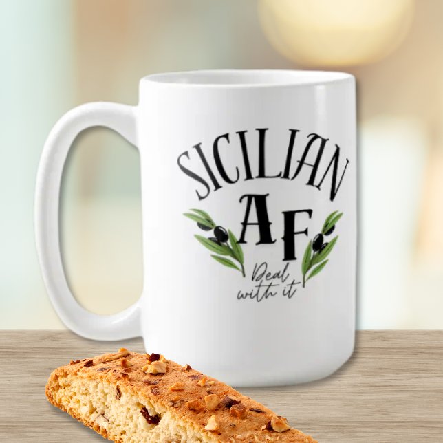 Sicilian AF - Deal With It - Funny Heritage Kaffeetasse (Funny Sicilian AF coffee mug with bold text and olive branch detail, celebrating Italian heritage)