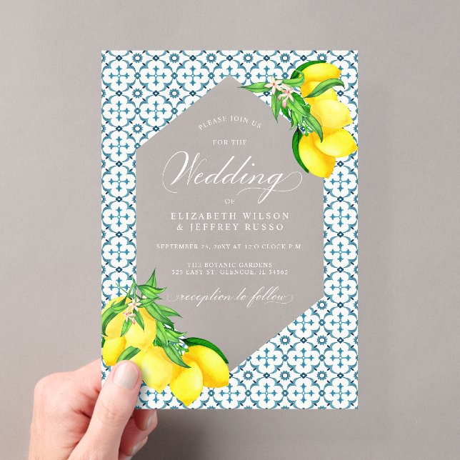 Sicilian Blue Tiles Summer Lemon Boho Wedding Acryleinladungen (Insitu (Handheld))